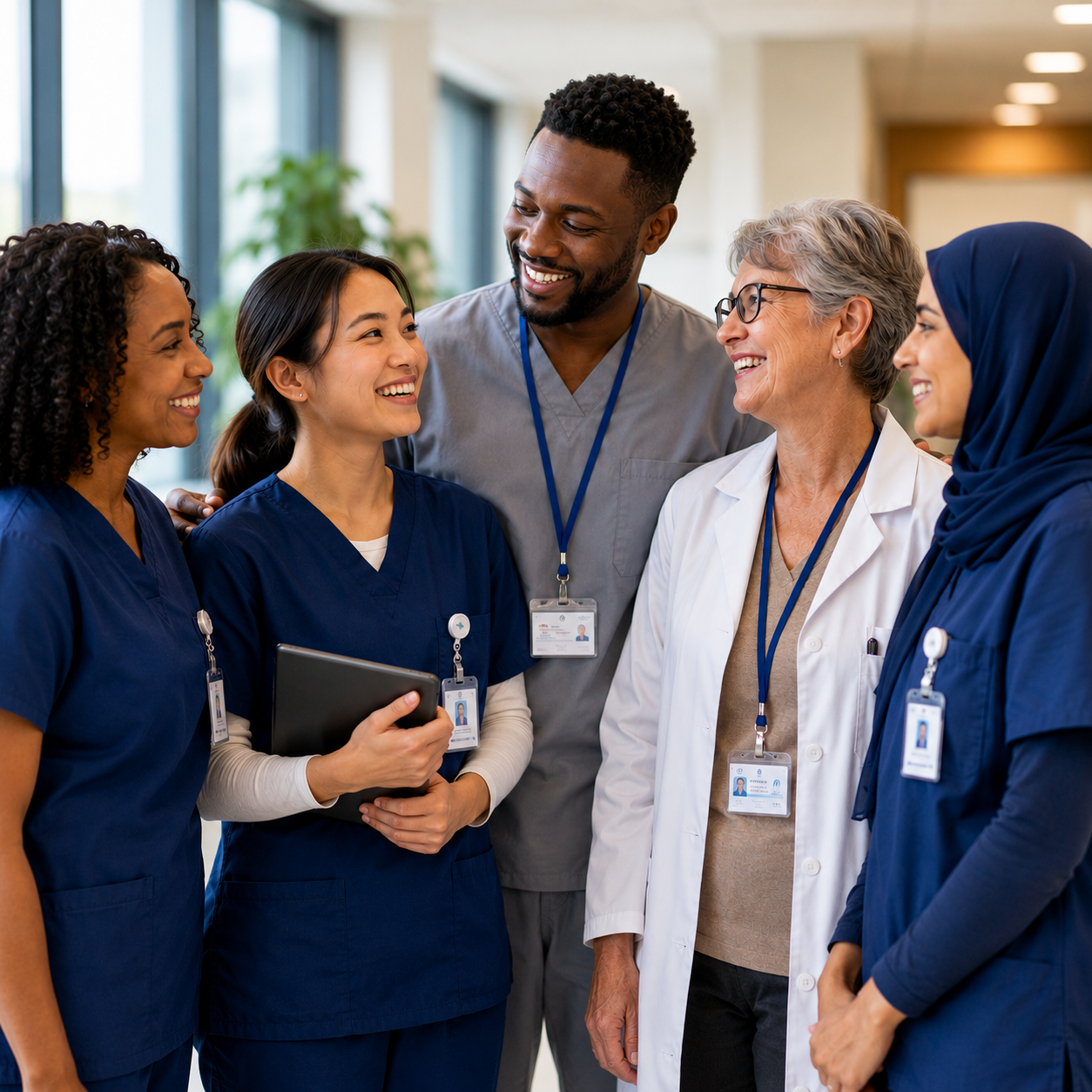 A diverse team of health-care professionals collaborating in a clinical setting, representing a coordinated, team-based approach to skin health and wound care.