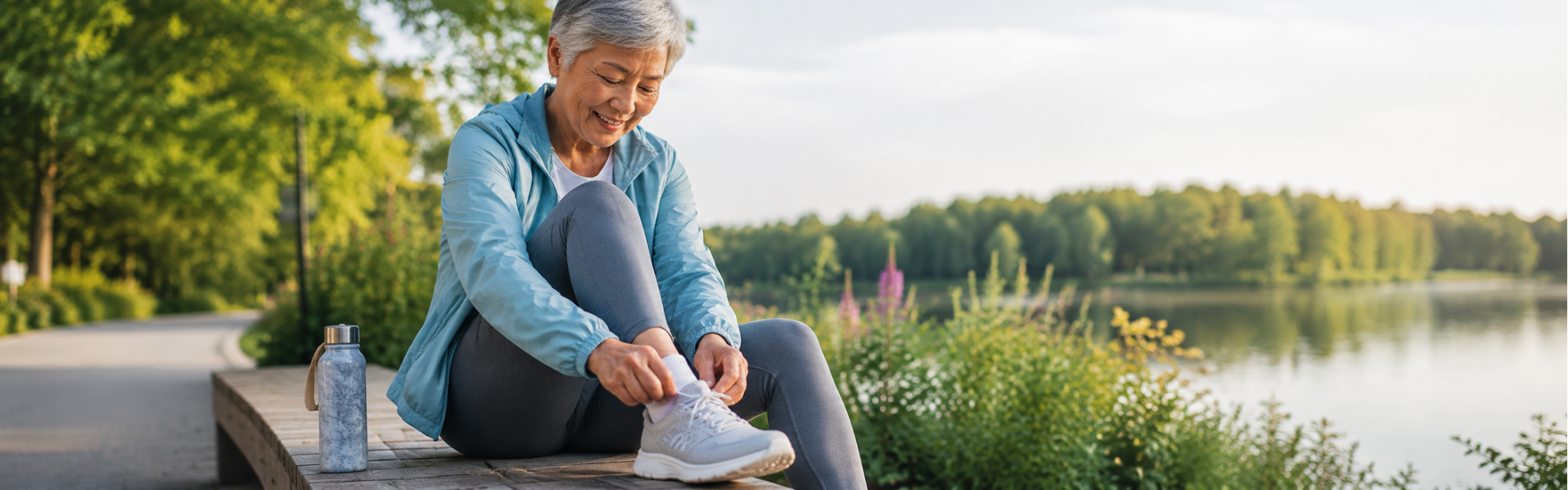 Woman in a natural setting adjusting her footwear.